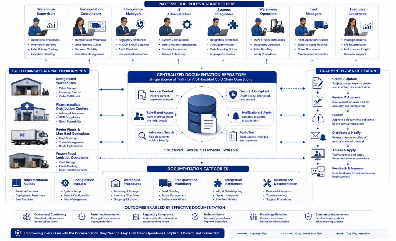Documentation workflow linking a centralized knowledge repository with warehouse, transportation, compliance, IT, and executive teams across refrigerated logistics.