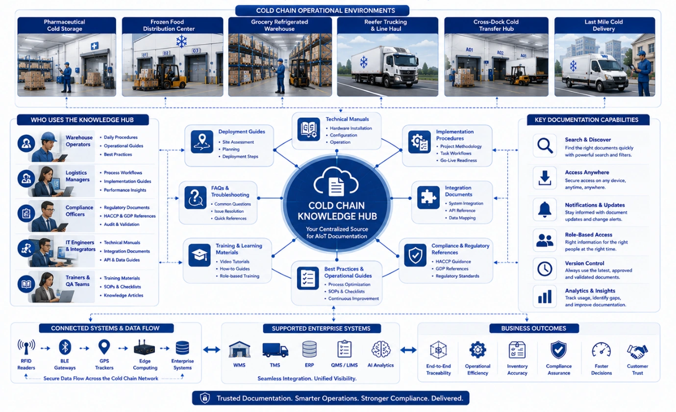 Enterprise illustration showing a centralized AIoT knowledge hub connecting cold chain operations, documentation, and business systems.