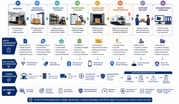Circular HACCP documentation lifecycle showing RFID identification, warehouse operations, transportation, compliance records, and enterprise software integration.
